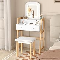 Vista 12 de CHARMAID Escritorio pequeño con espejo, escritorio de maquillaje blanco con 3 cajones, alturas ajustables, tocador compacto para dormitorio