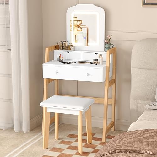 Miniatura 12 de CHARMAID Escritorio pequeño con espejo, escritorio de maquillaje blanco con 3 cajones, alturas ajustables, tocador compacto para dormitorio con
