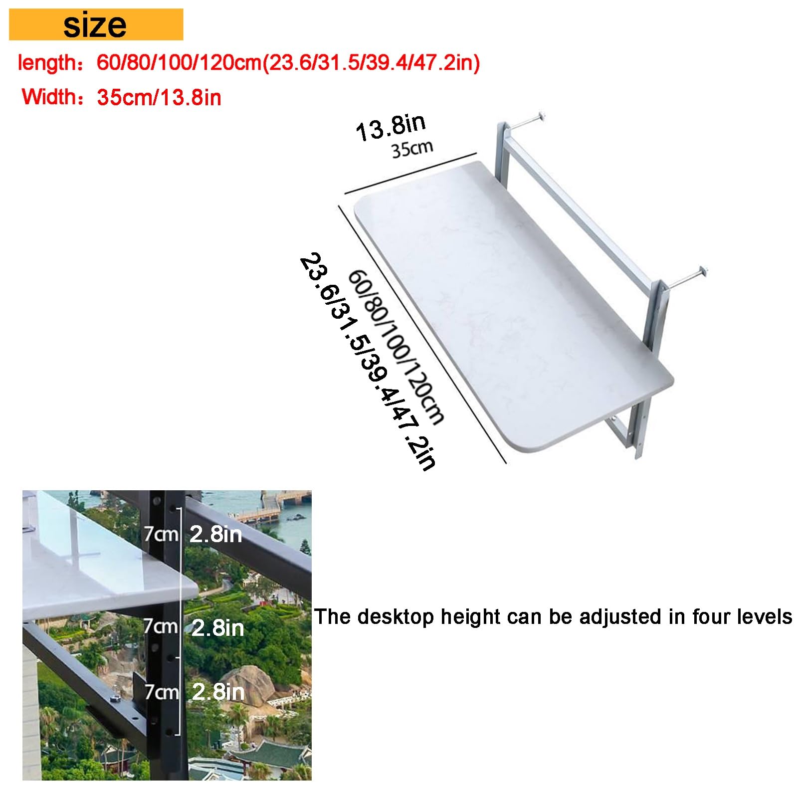 Generico Tavolo Regolabile da Appendere alla ringhiera del Balcone, Tavolo da Bar Pieghevole per Patio, Giardini e terrazze, Tavolo Multifunzionale da Appendere alla ringhiera (L 60*P 35 cm) - Perfet