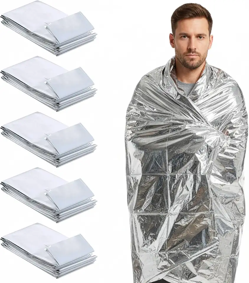 Kit 5 Mantas Térmicas Aluminizadas de Emergência 210x130cm, Cobertor Isolante para Resgate, Camping e Sobrevivência, Leve, Compacto e Impermeável