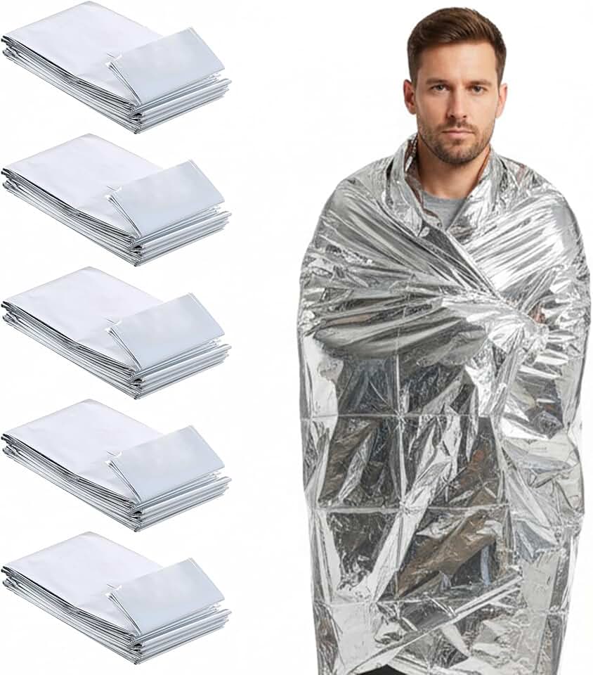 Kit 5 Mantas Térmicas Aluminizadas de Emergência 210x130cm, Cobertor Isolante para Resgate, Camping e Sobrevivência, Leve, Compacto e Impermeável