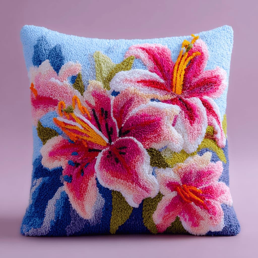 Kitquiver Latch Hook Kits Lily for Adults,Beginners DIY Latch Hook Cushion Kits and Latch Rug Kits Cross-Stitch Embroidery Cushion Cover for Home Sofa Decoration 17X17 in