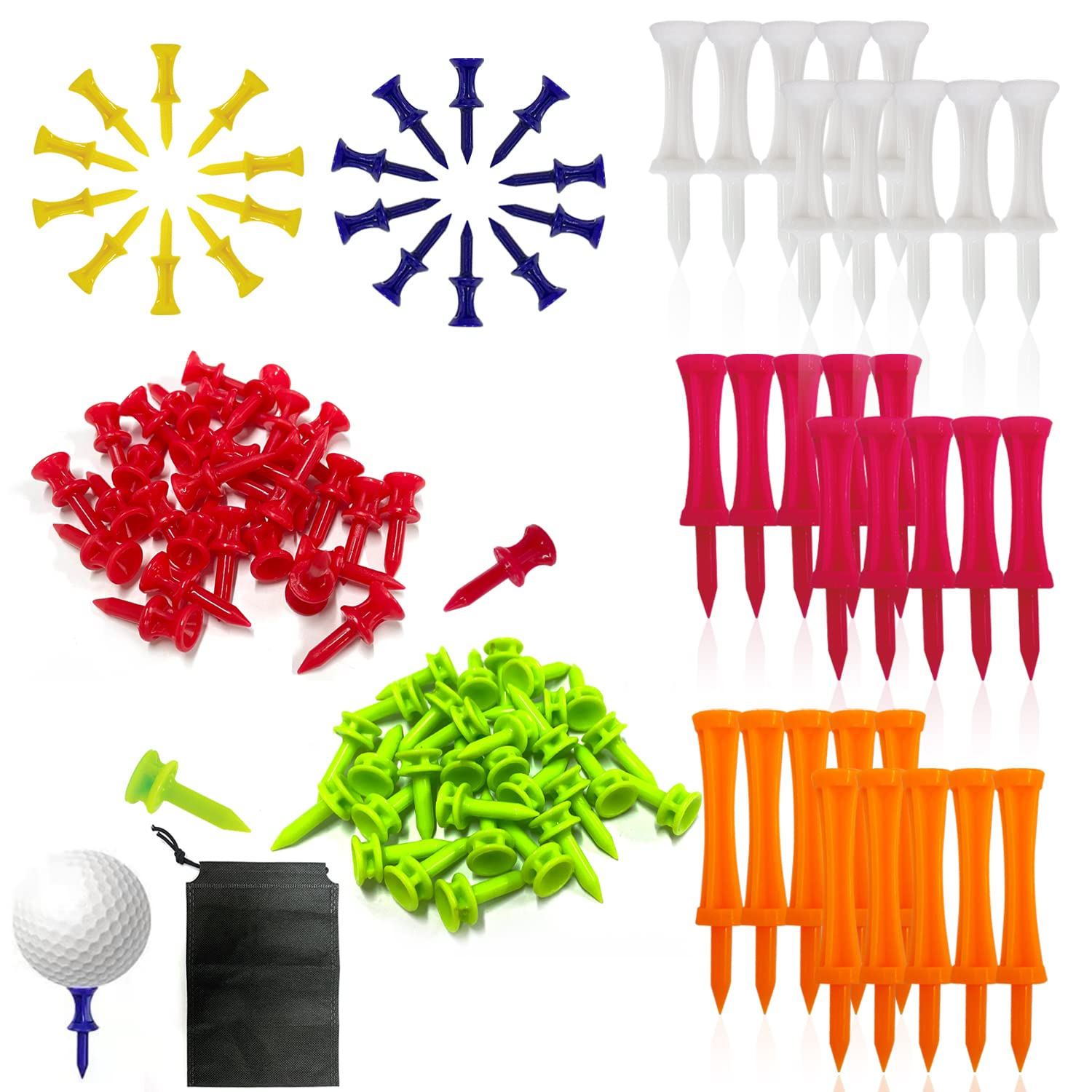BEIIEB 110 plastic golf tees, 7 different sizes (30 pcs 25MM, 30 pcs 31MM, 10pcs 57MM, 10pcs 70MM, 10pcs 37MM, 10pcs 43MM, 10pcs 51MM) and 1 black storage bag