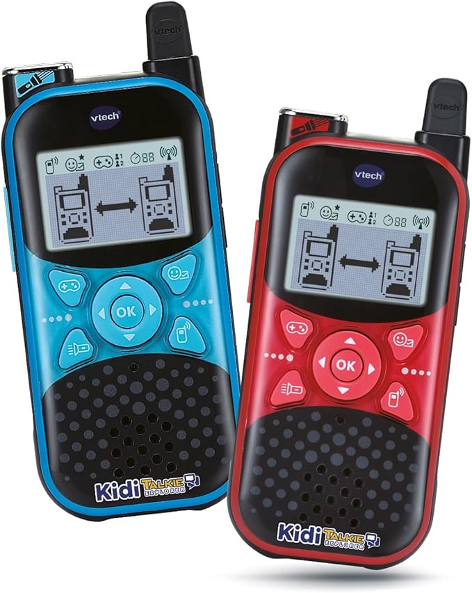VTech - KidiTalkie Explorer Azul/Rojo, Walkie-Talkies Infantil con Linterna y Efectos de Voz, Envío de Mensajes, Función Cambio de Voz, Juegos, Regalo niños +4 años, Versión ESP