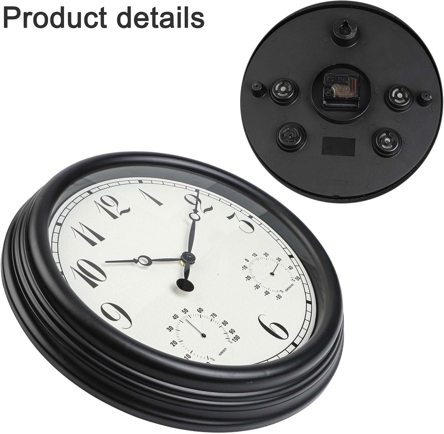 Outdoor Wall Clock with Thermometer Hygrometer, Silent Non-Ticking Weather Station for Patio Pool Garden, Waterproof Black