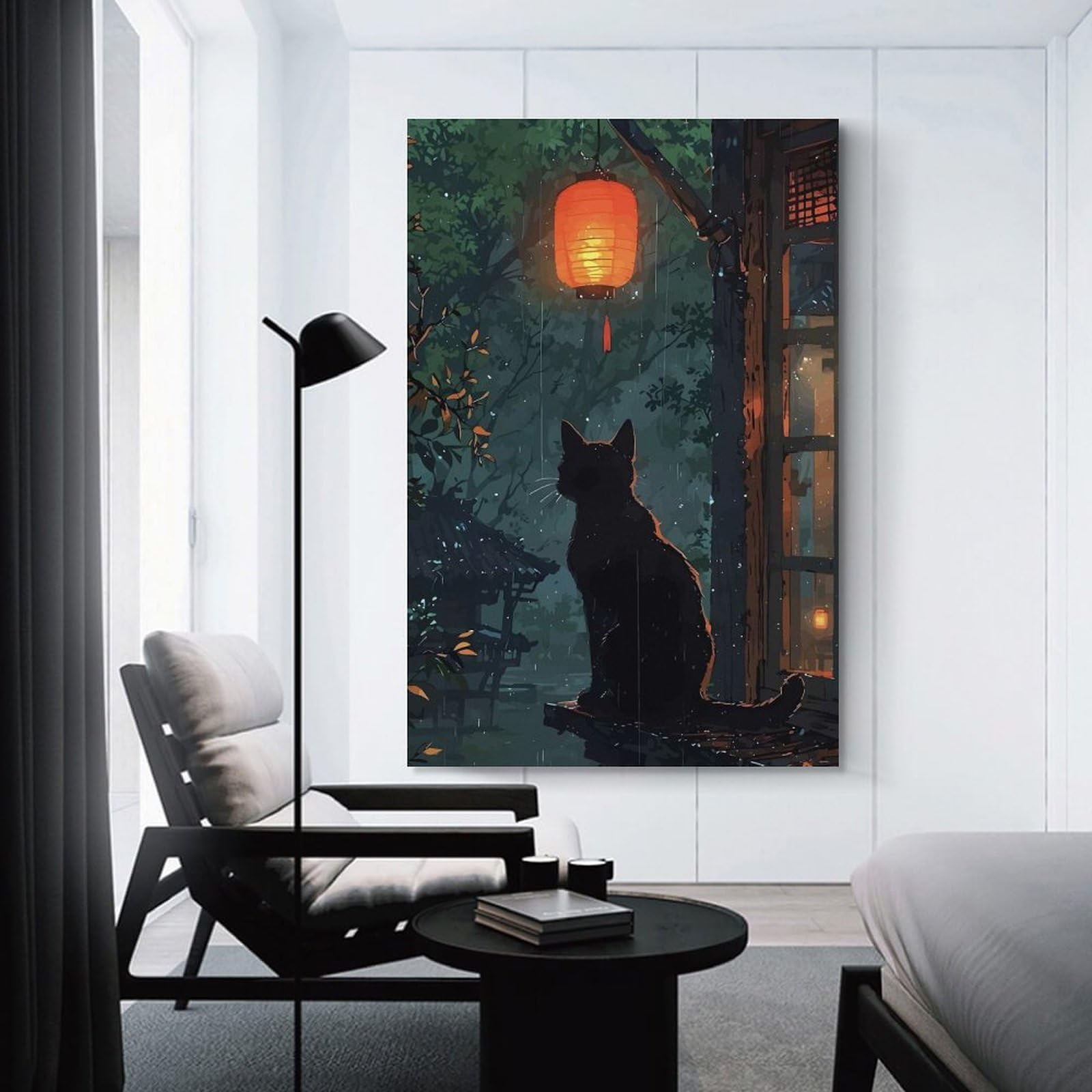 Junmoney Black Cat in Rainy Japanese Garden Wall Art Print, 16x24inch(40x60cm), for Workspace Walls, Study Corners Or Bedrooms, A Smart Decor Choice for Study Walls