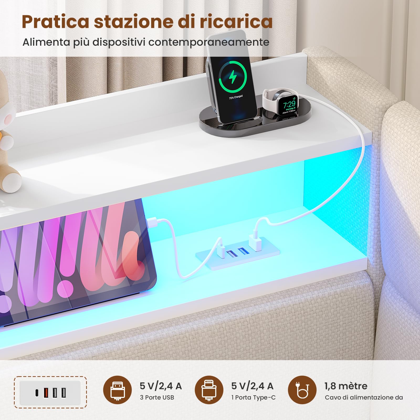 AOGLLATI Divano Letto 2 Posti 90/180x200 cm, Letto Estraibile con Illuminazione a LED Regolabile e Stazione di Ricarica, Divano Letto Matrimoniale con Tapizado Integral e Ripiani Aperti, Beige