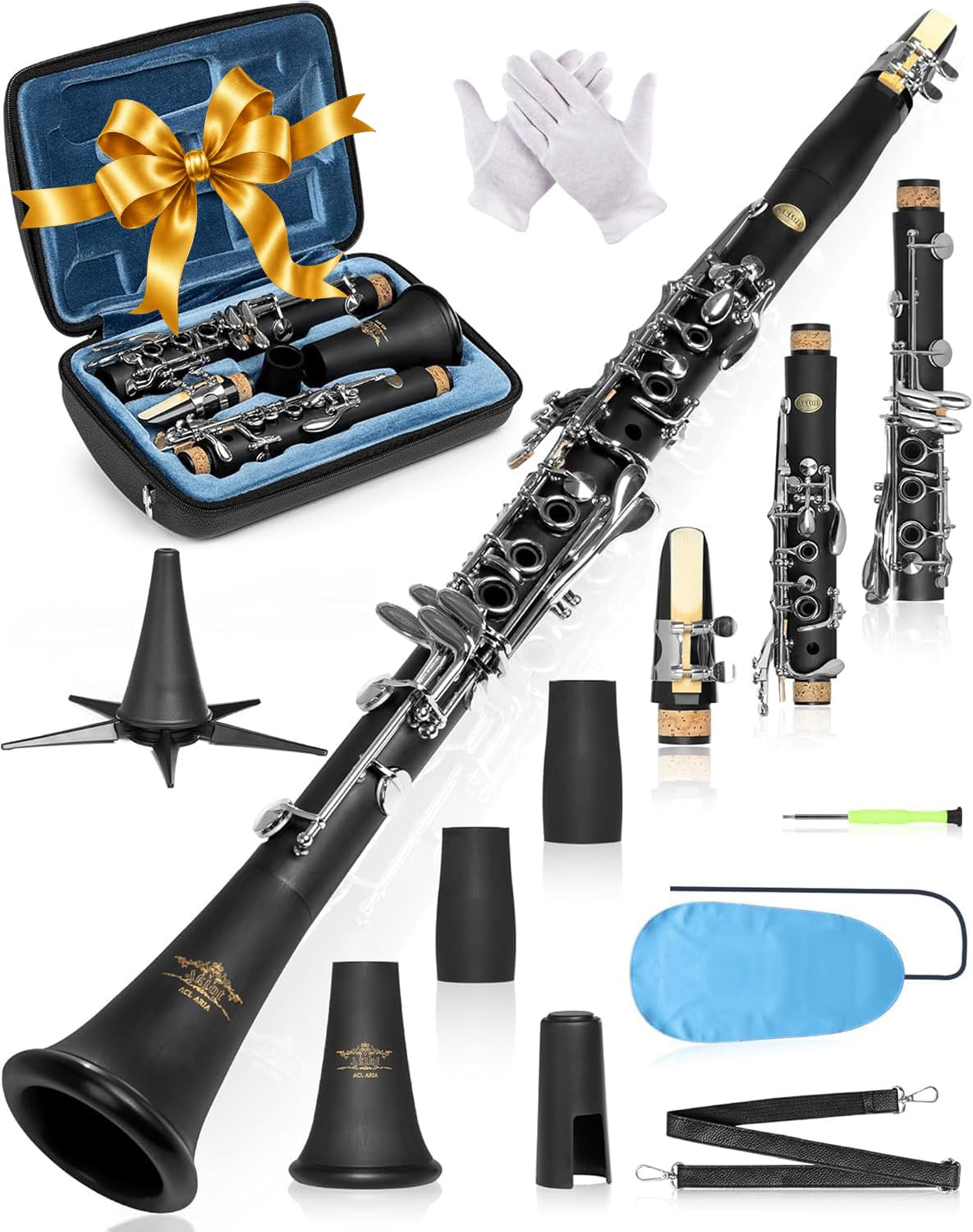 AKLOT B Flat Concert Clarinet: Precision Tone Hole Design for Stable Intonation, Durable Nickel-plated Keys, Including Leather Hard Case, Barrel, Stand, Full Cleaning Kit (Aria-PS)
