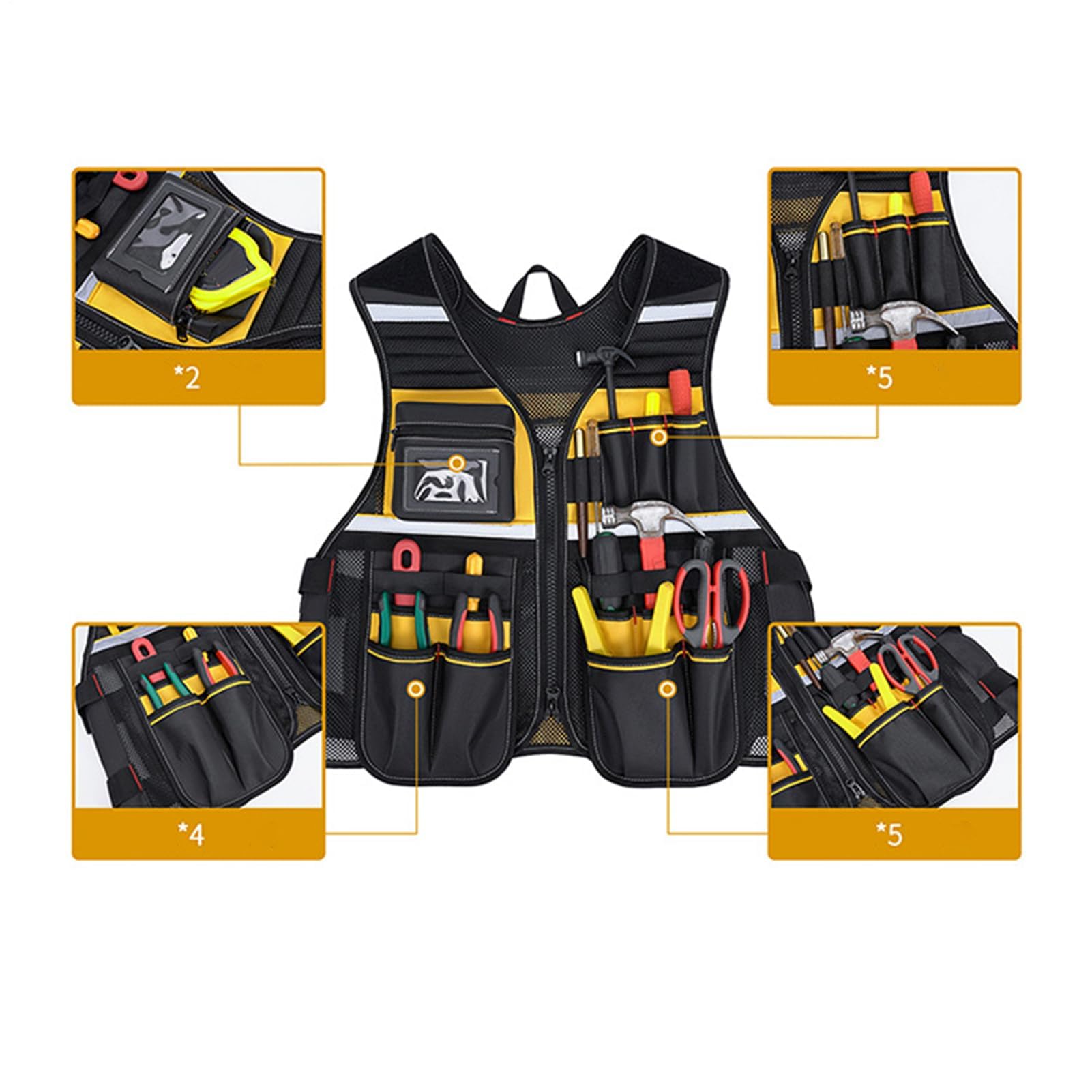 Chaleco de trabajo multifuncional con muchos bolsillos, tejido Oxford resistente, elementos reflectantes, tamaño ajustable para electricistas, carpinteros y artesanos