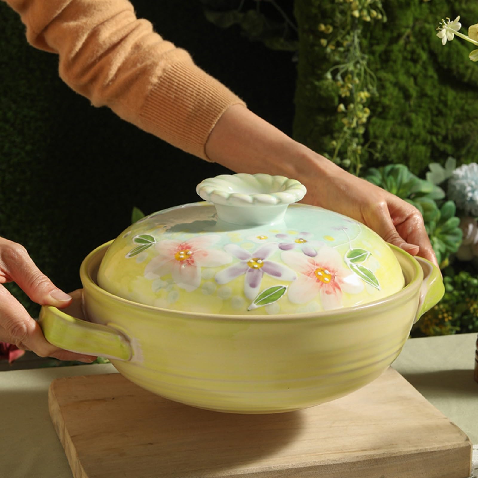 Casseruola in ceramica con coperchio, pentola antiaderente, pentola rotonda con manico, pentole in terracotta da 1,3 l per zuppe e vapore