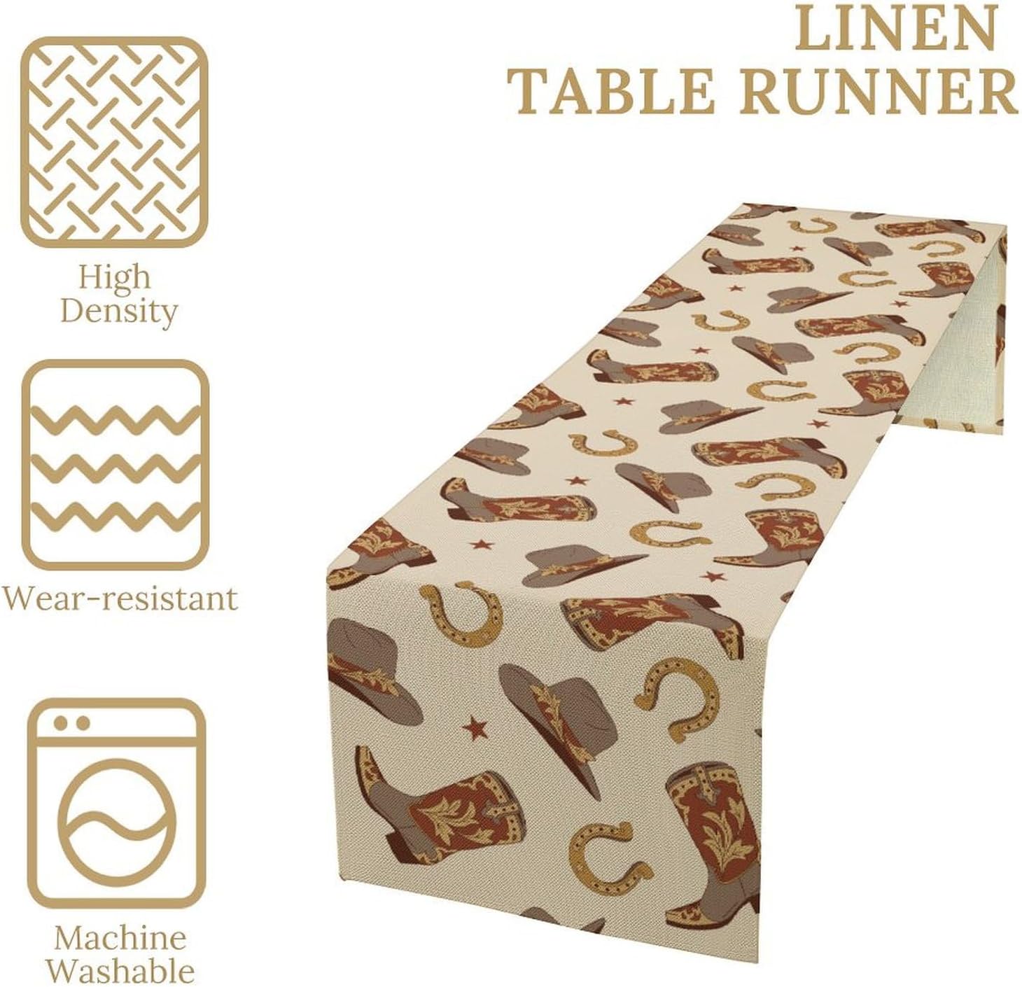 Cowboy Table Runner Western Cowboy Cowgirl Retro Boots Hat Lucky Horse Shoe Decor for Party Dinner Festival Farmhouse Holiday Dining Room Home Kitchen, 13x108in
