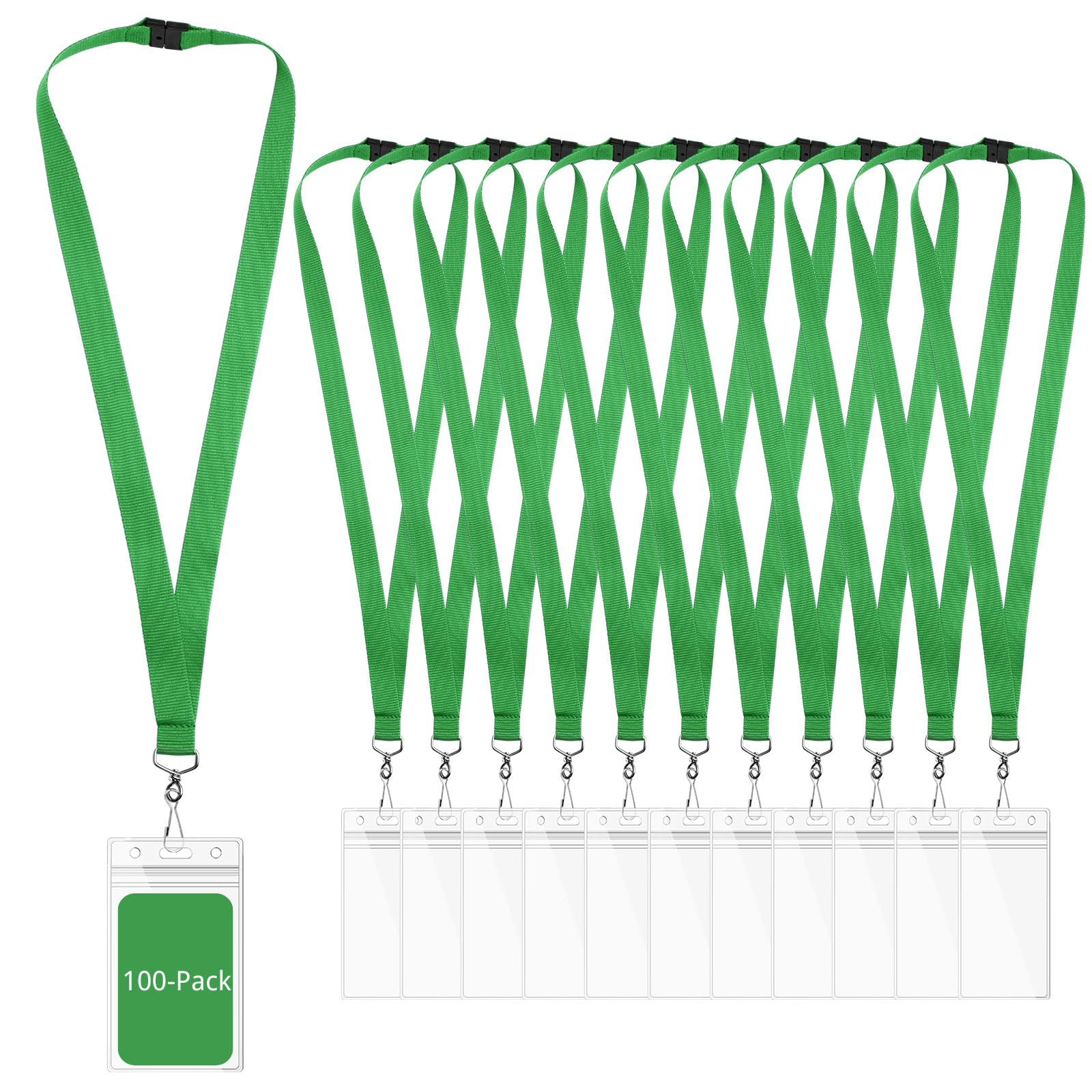 WEZEBEL 100-Pack Green Breakaway Lanyards with Waterproof Badge Holders, Polyester Neck Straps for ID Cards, Events, Office, and Schools