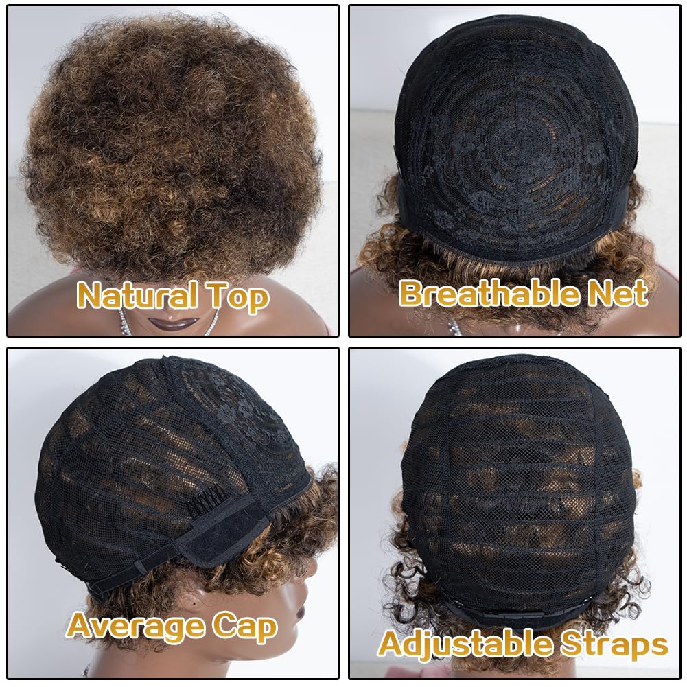 JOEDIR HAIR Afro Human Hair Wigs for Black Women Short Afro Curly Wig Black Mixed Blonde Brazilian Human Hair 130% Density (Color: P1B/27)