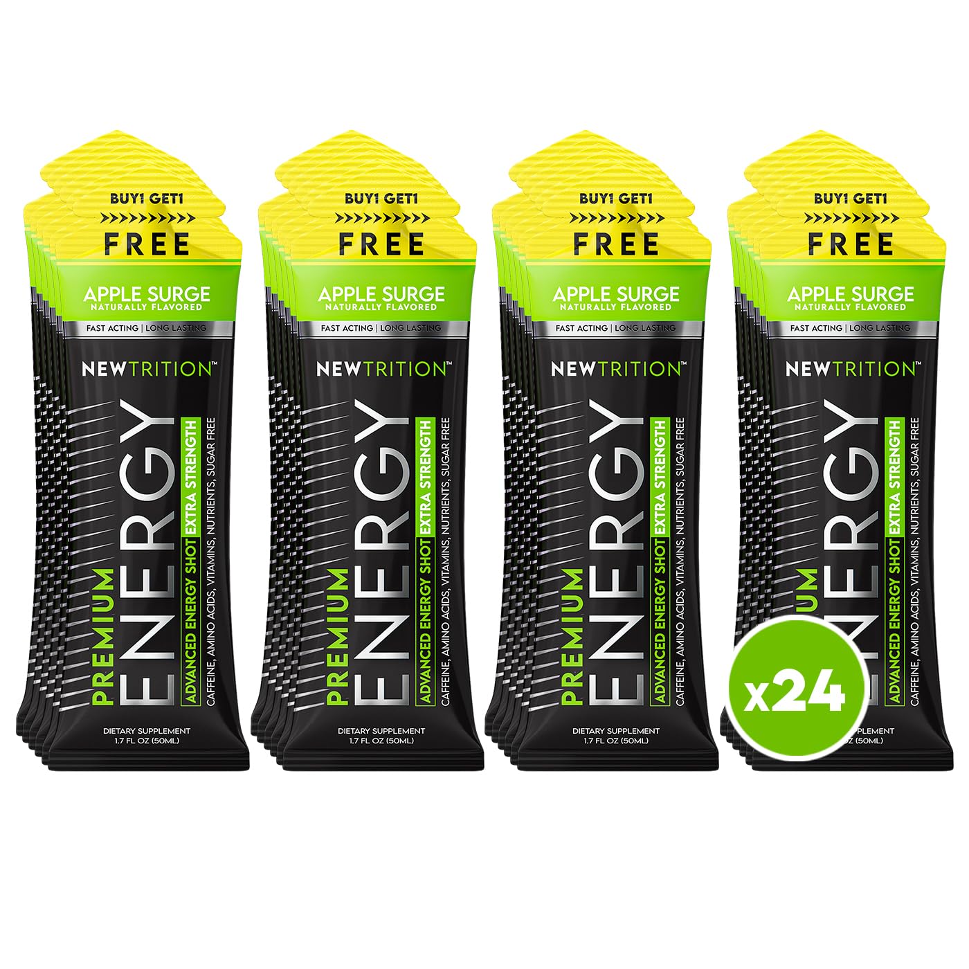 NewTrition® Extra Strength Energy Shots, 1.7 fl oz - 250mg Caffeine with Vitamin B & Amino Acids, Sugar-Free, Zero Calorie Vitamin Energy Drink for Focus & Endurance (Pack of 24, Apple Surge)