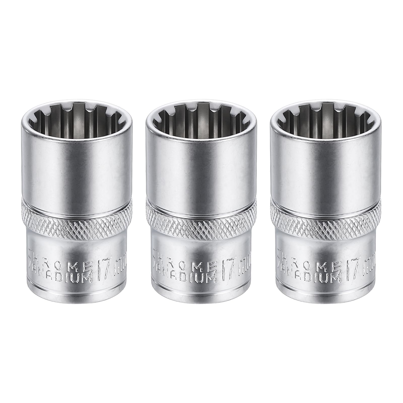 sourcing map 3pcs 12 Points Socket 1/2" Drive 17mm Metric Shallow Socket 1.5" (38mm) Long CR-V Steel Nickel Plating for Home Auto Nuts Bolts Repair