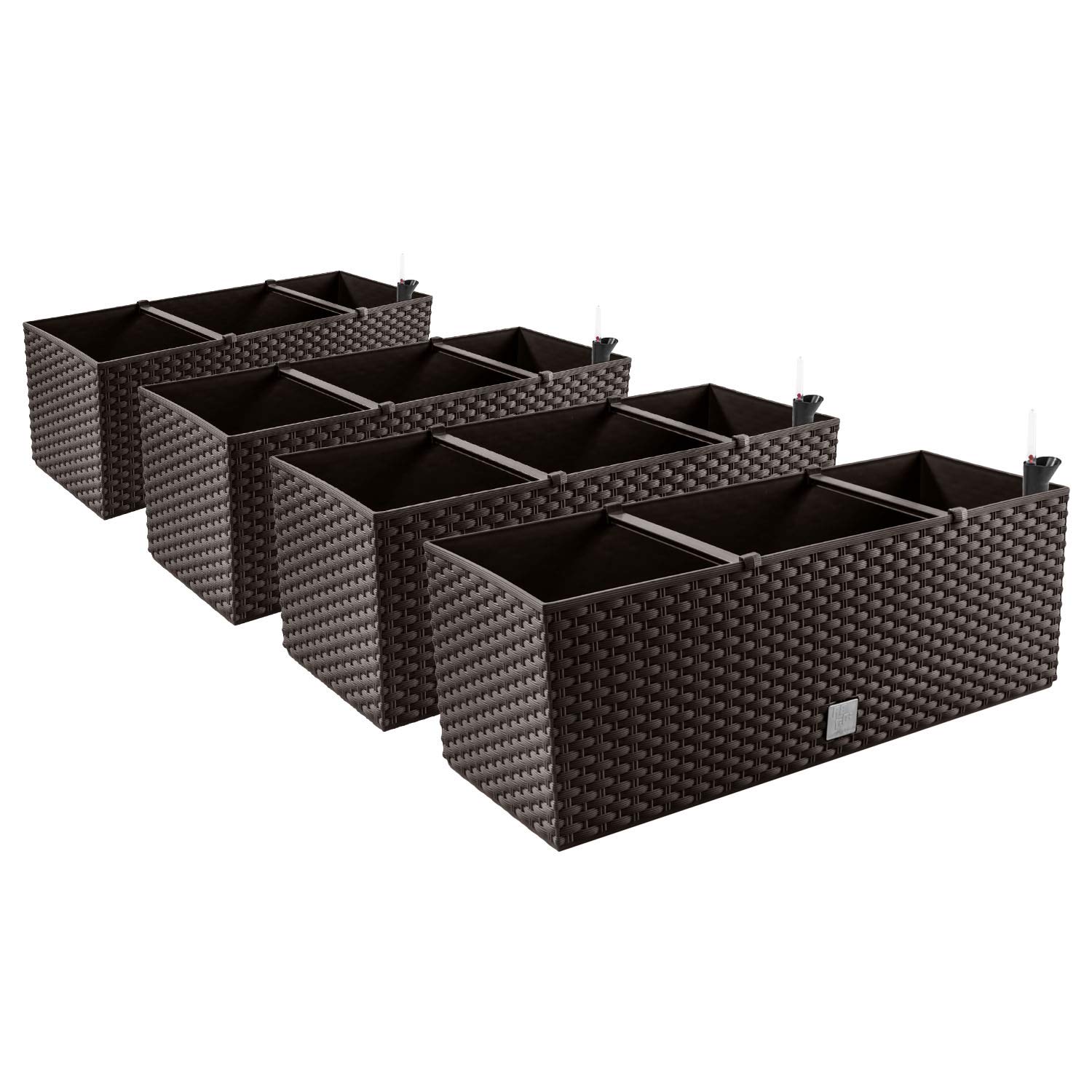 PAFEN 4in1 Set 4X Balkonkasten Blumenkasten Rattan-Optik 4 Farben Pflanztopf Wasserstandsanzeiger (Umbra)