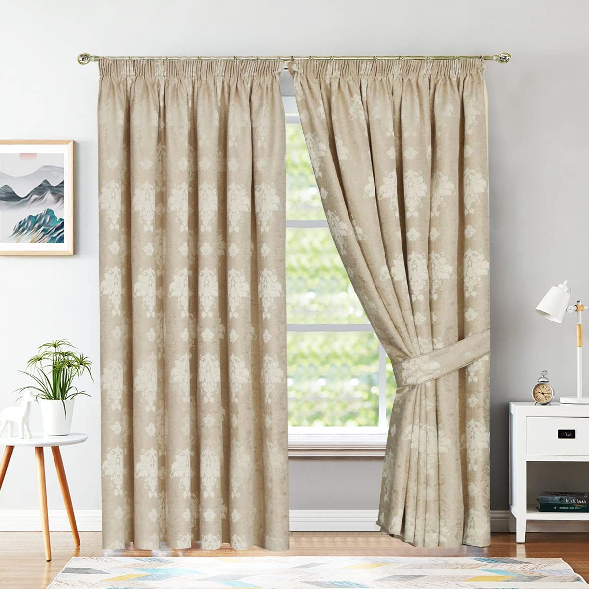 Beige Jacquard Pencil Pleat Curtains 46 x 72 Inch - Luxury Fully Lined Window Curtains for Bedroom and Living Room - Decorative Virginia Drapes Set Of 2 Panels With Tie Backs
