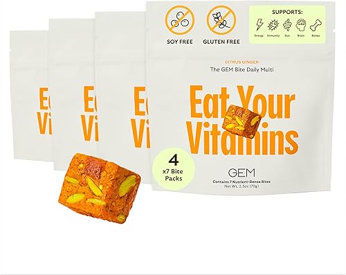 The GEM Bite Daily Multi 4 x 7-Bite Pack  Jengibre cítrico  Soporte todo en uno para energía, intestino, piel, hueso, cerebro e inmunidad  Complejo