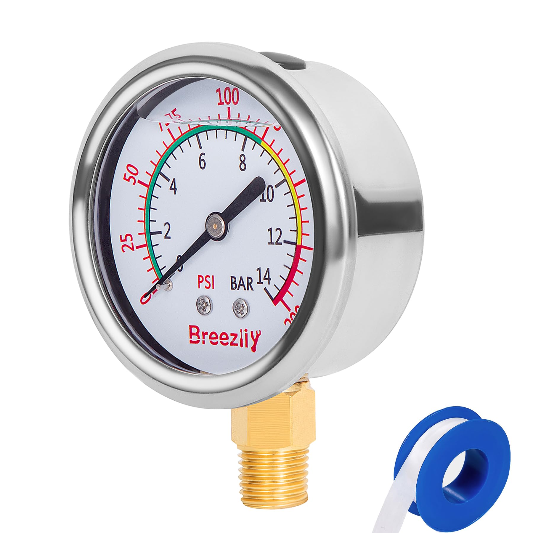 Manometro per test di pressione dell'acqua, quadrante da 2,5", 0-200 PSI/0-1,4 MPA, manometro a riempimento di glicerina, filettatura NPT da 1/4", montaggio inferiore, per test di pressione dell'acq