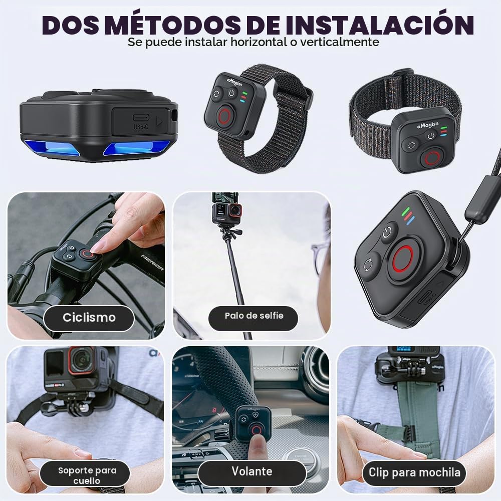 NAVESO Mando a Distancia Blueteeth para GoPro Hero 13/12/11/Insta360 X5/X4/X3/Ace Pro 2/Ace Pro/GO3S/GO3/IOS/Android, Inteligente Blueteeth Remote Control con Muñeca y Cable de Carga USB para GoPro