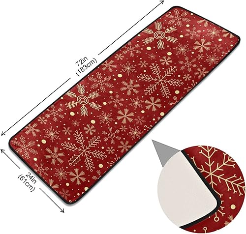 Miniatura 9 de Alfombra de pasillo de Navidad, patrón rojo con copos de nieve, alfombra de corredor de flores, alfombra antideslizante para cocina, alfombra de