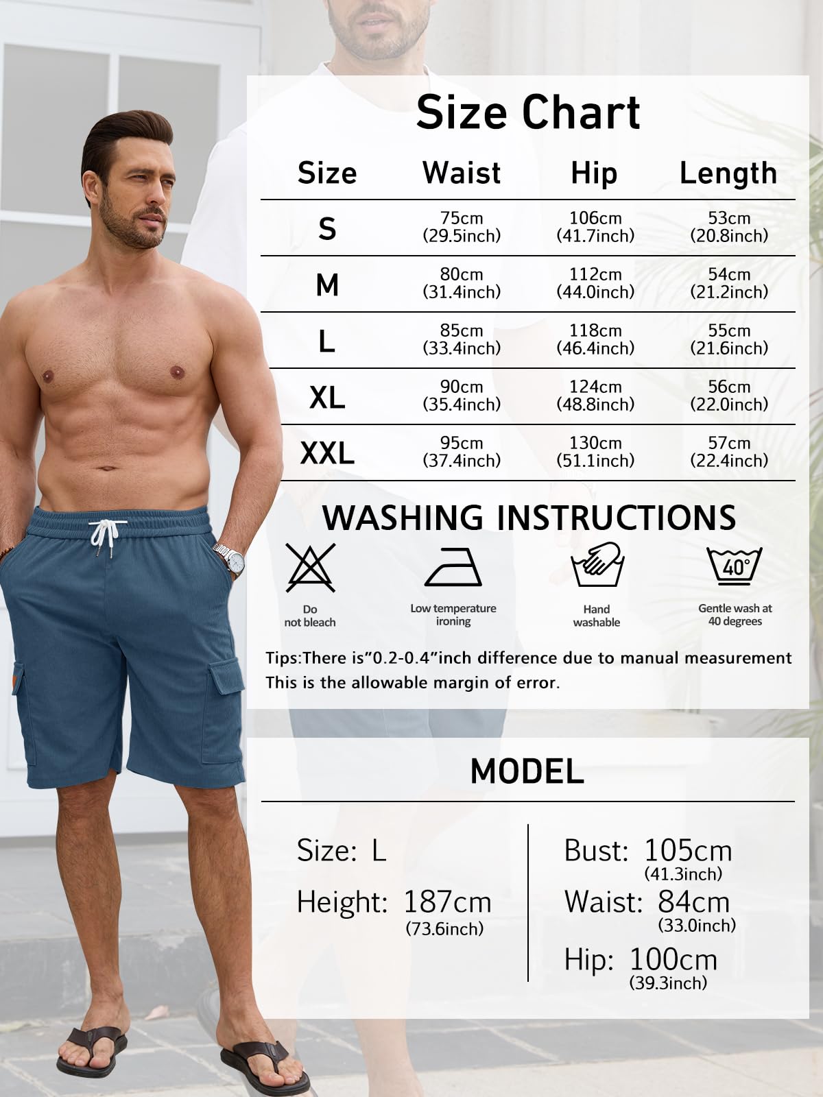 Pantalones Cortos Hombre Cargo de Pana con Cintura Elástica - Bermudas Hombre Verano Multi Bolsillos