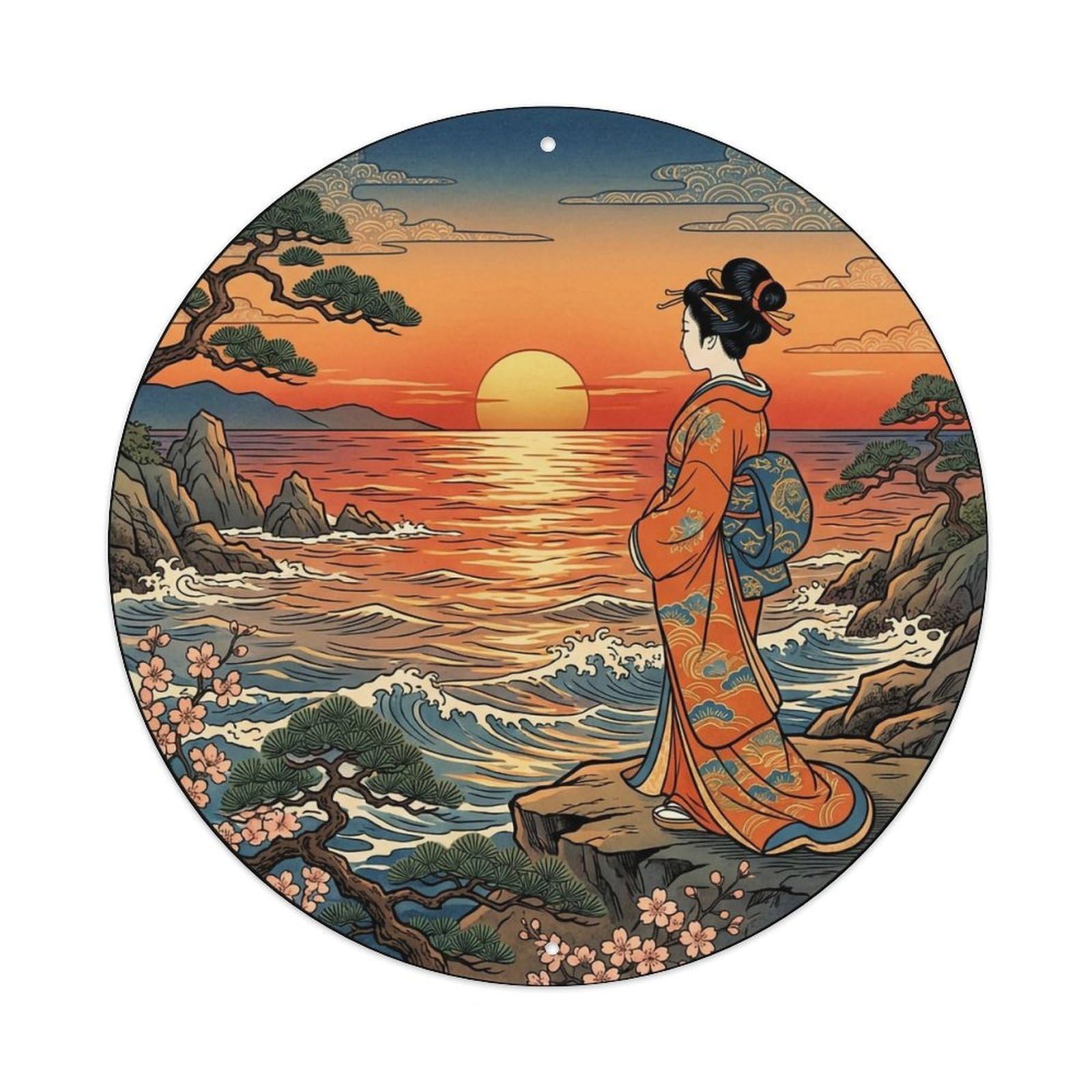 Japanese Geisha Coastline Sunset Watching Tranquil View Metal Tin Sign