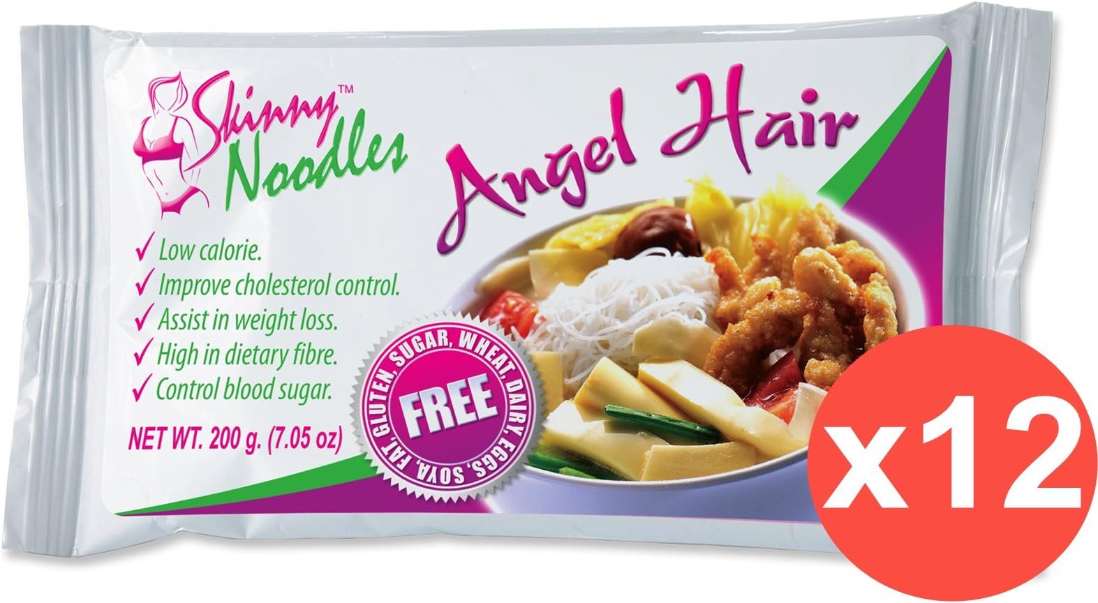 Pack of 12 Skinny Noodles Angel Hair 200g, Shirataki, Konjac, Slim, Low Carb