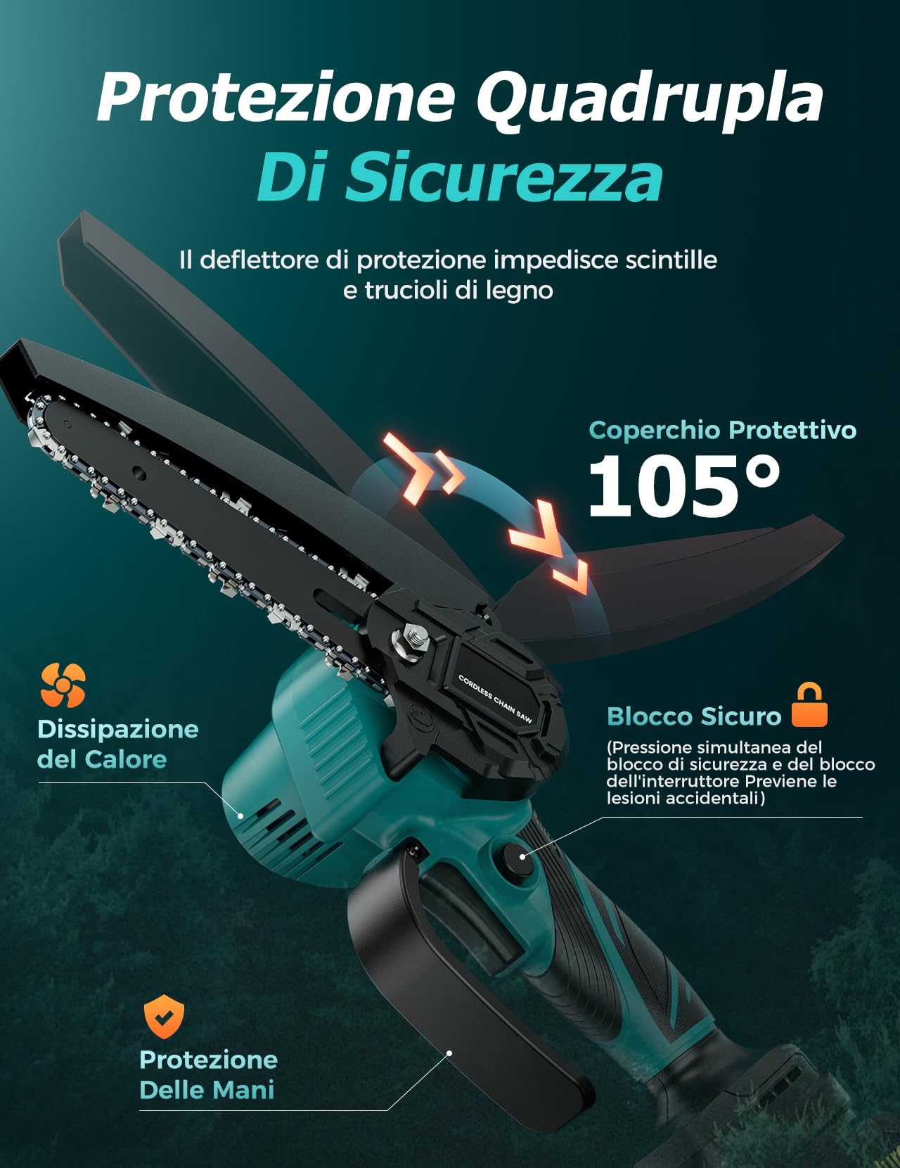 Mini motosega a catena con batteria da 6 pollici, motore senza spazzole da 550 W, 2 x 4000 mAh, con olio automatico e interruttore di sicurezza, sega a mano leggera per giardinaggio