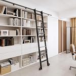 DIYHD 87in Black Sliding Library Ladder with 3.3FT Telescopic Hook Track Hardware - Metal Rolling Ladder with Bottom Brake Wheels, Kit for Home, Loft, and Bookshelves