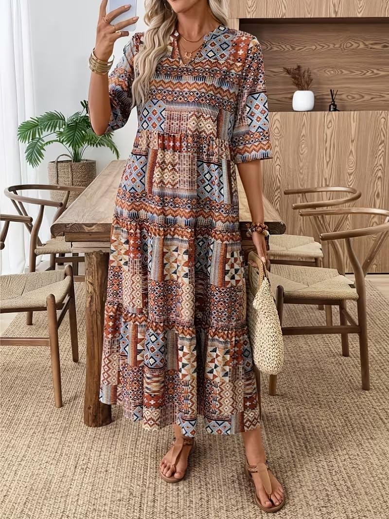 Women's Short Sleeved Long Dress, V Neck Casual for Spring and Fall