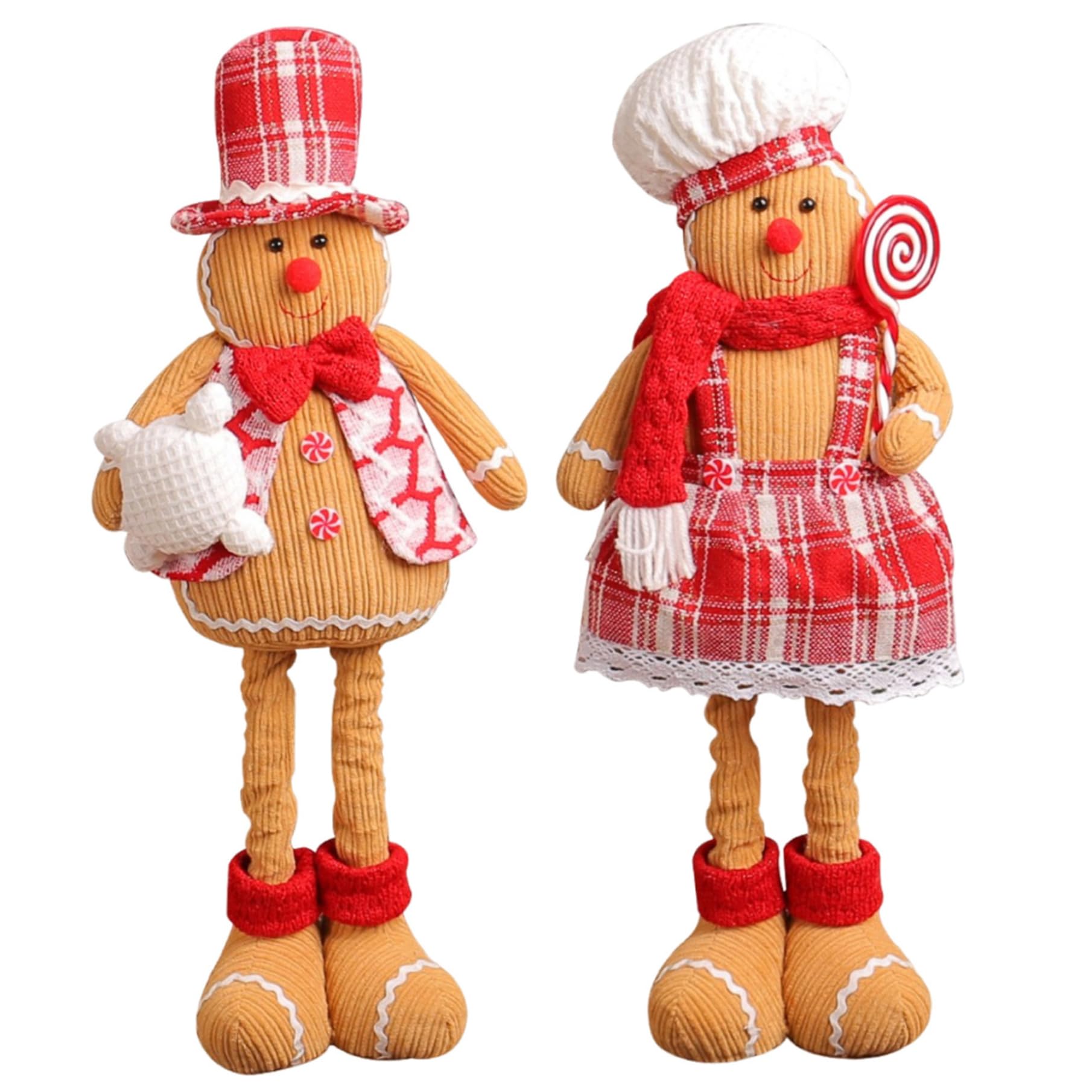 CAKEEYUM Gingerbread Plush with Stretchable Leg 2Pcs Male & Female Gingerbread Decor with Clothes On Adorable Christmas Decoration for Home Party Man, Plush, Gingerbrea