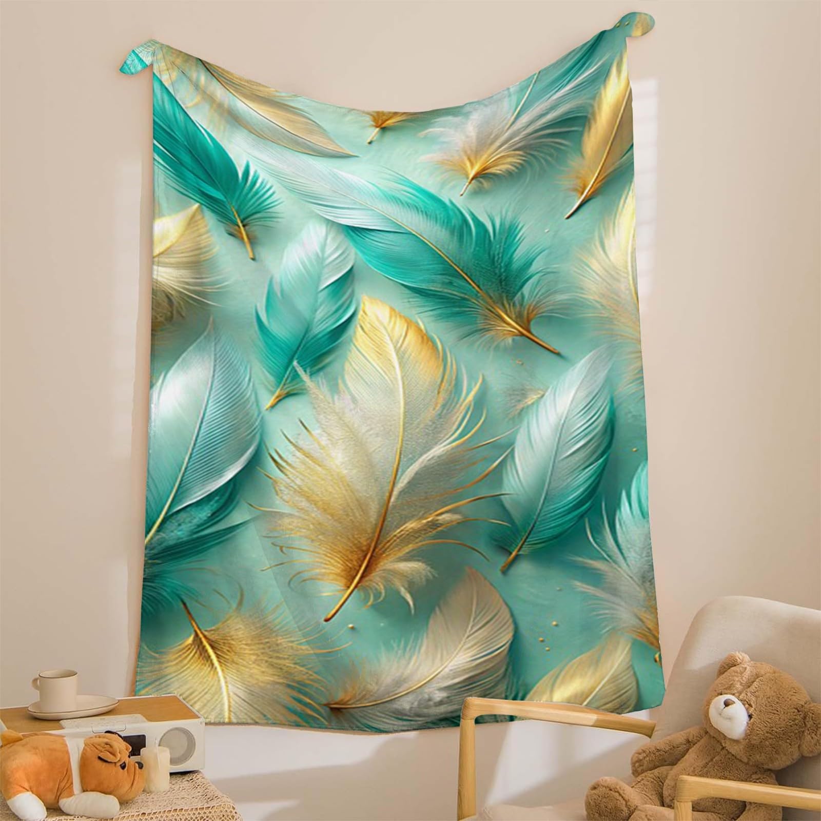 Generisch Puszysty koc do przytulania, żółte, niebieskie pióra, 220 x 240 cm, miękki i dwustronny koc polarowy z nadrukiem 3D, idealny koc na sofę dla wszystkich, przytulny koc na sofę i łóżko AL1584