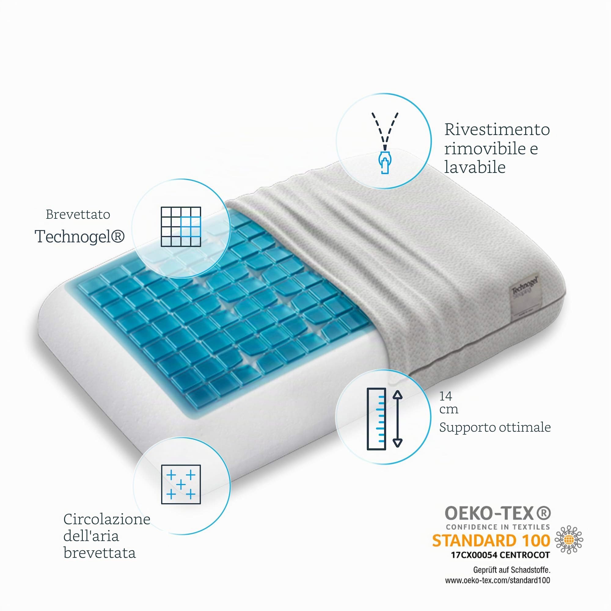 Technogel® Cuscino ortopedico Deluxe per cervicale, brevettato, privo di sostanze nocive e certificato, cuscino in gel HWS per dormire sulla schiena e sul fianco, con federa 66 x 40 x 14 cm