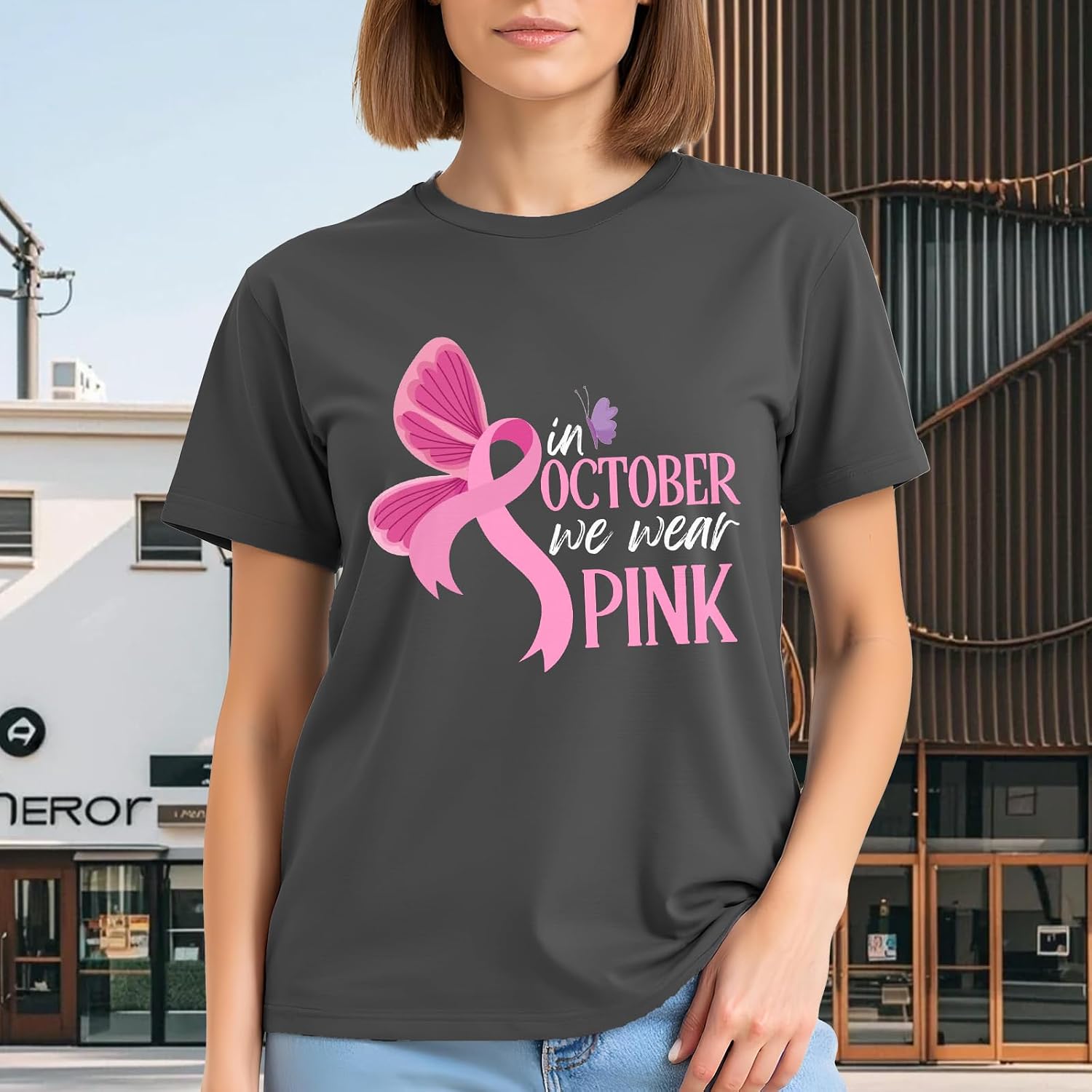 Breast Cancer Awareness Pink Butterfly Tee - October Women's Short Sleeve Shirt — view 3