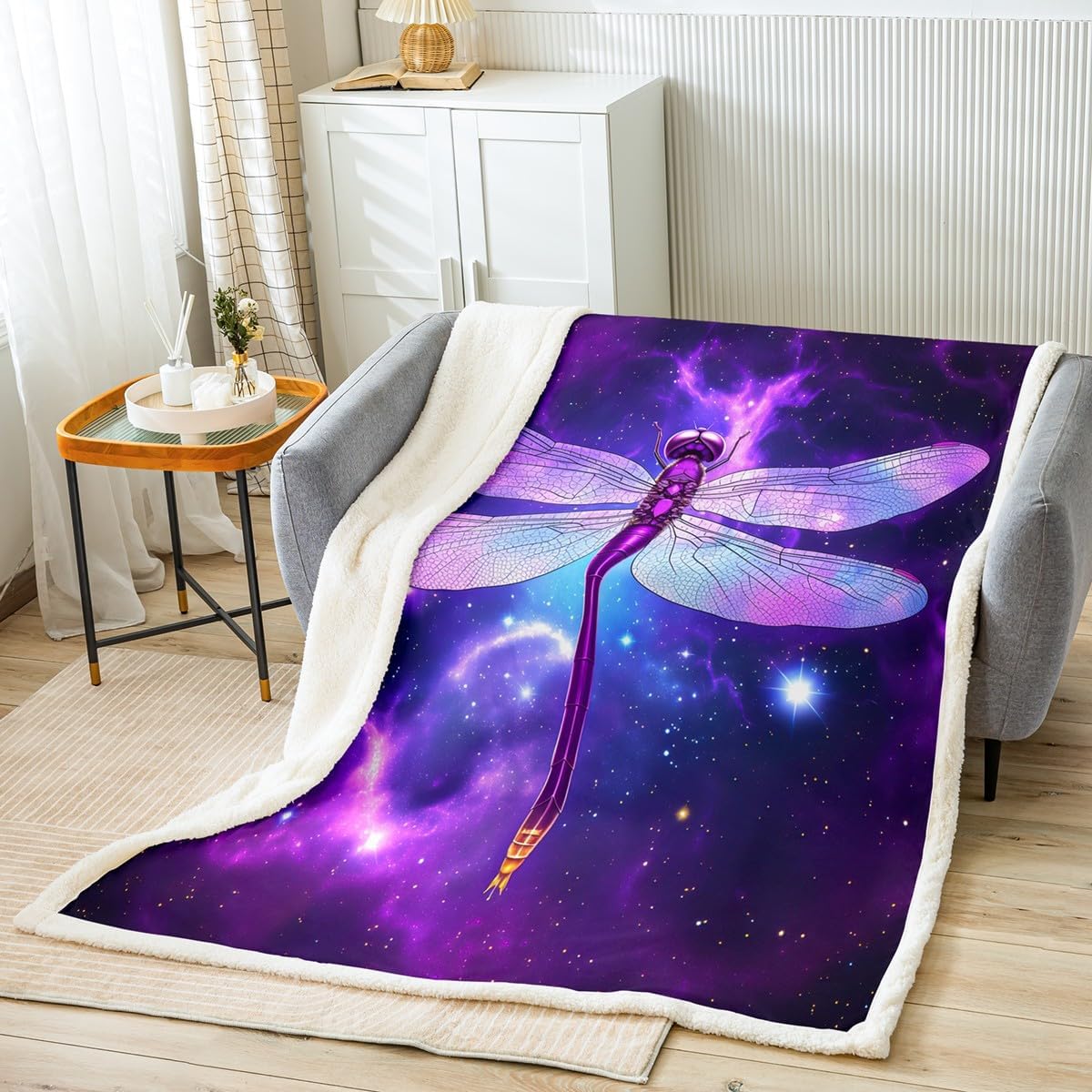 Feelyou Girls Dragonfly Fleece Blanket Purple Blue Galaxy Plush Throw Blanket for Sofa Couch Daughter Boho s Animal Sherpa Blanket Chic Starry Sky Fuzzy Blanket Bedroom Decor Queen 90"x90"