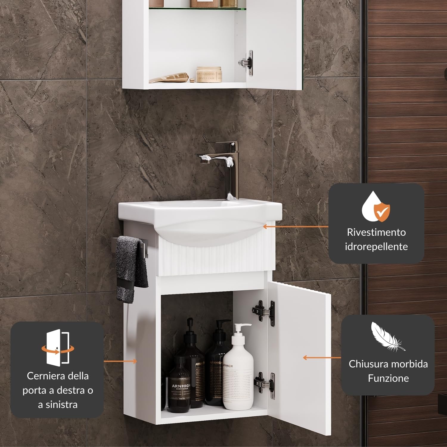 Planetmöbel Lavabo con mobiletto, 40 cm, con lavabo in ceramica e armadietto a specchio, set di mobili da bagno, bianco opaco
