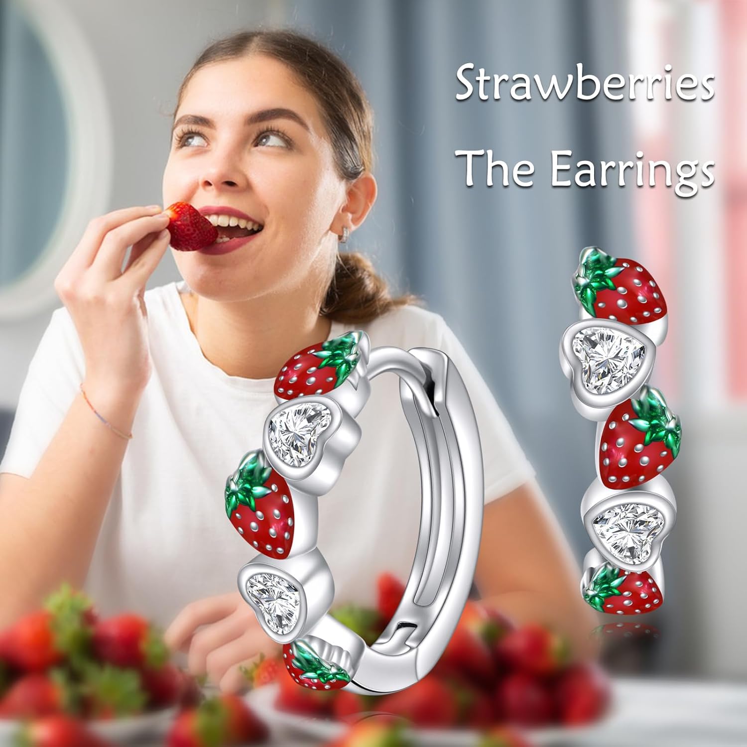 Strawberry Hoop Earrings for Women 925 Sterling Silver Fruit Earrings Strawberry Jewelry for Women Sensitive Ears - Image 2
