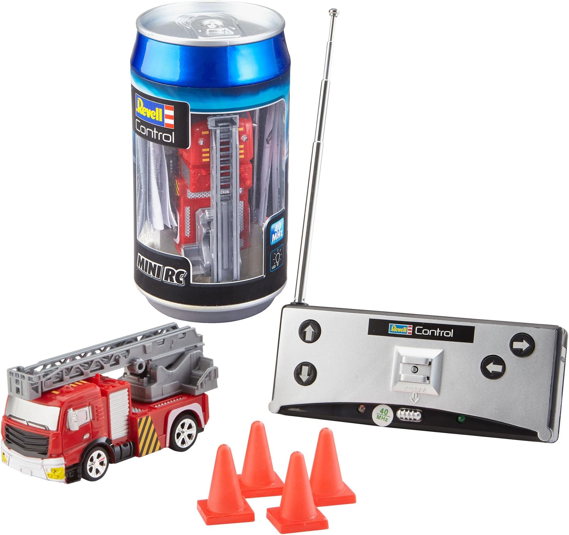 Revell Control 23558 Mini RC Car Feuerwehr aus der Dose mit 40MHz-Fernsteuerung inkl. Ladefunktion, LED-Licht, kurze Ladezeit, lange Fahrzeit 8 kleines ferngesteuertes Auto, Fire Truck, Multicolour