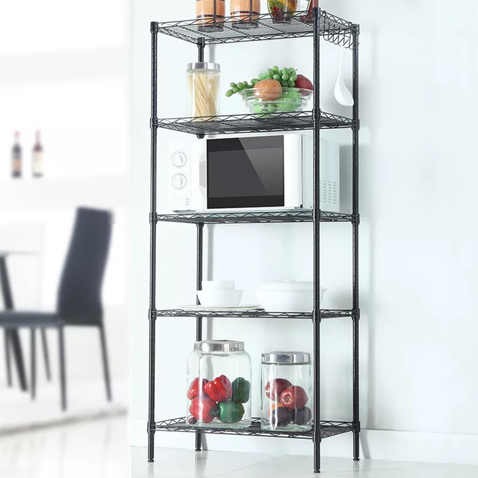 5-Tier Tall Adjustable Wire Rack | Heavy Duty Steel Storage Shelf for Pantry, Garage & Shop | 60L x 35W x 182H CM | Ventilated Organizer Unit | Black Finish