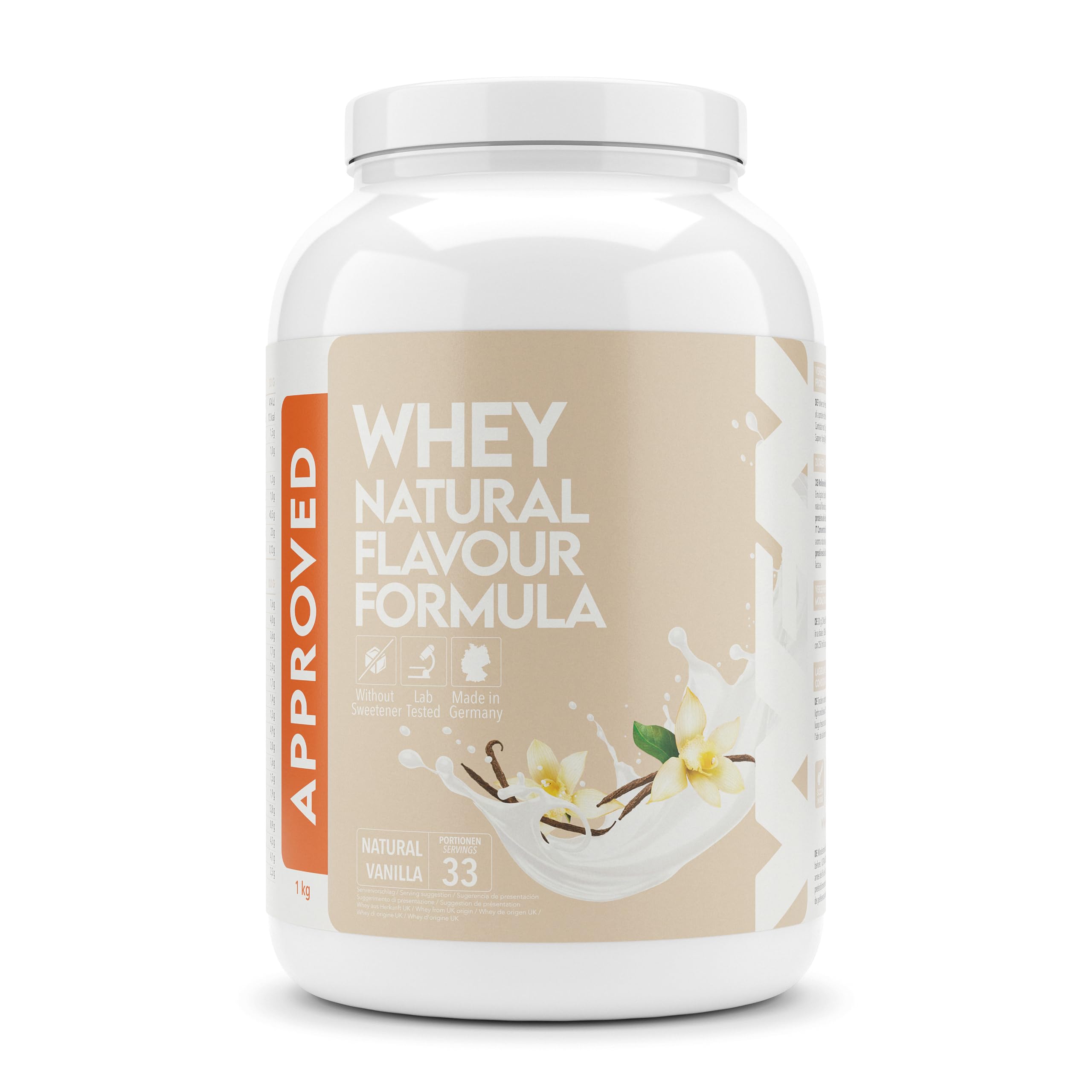 WFN Approved Whey Proteine in Polvere – Natural Vanilla – Senza Edulcoranti e Senza Zuccheri Aggiunti – 1 kg – Con Lattasi – Prodotto e Testato in Laboratorio in Germania
