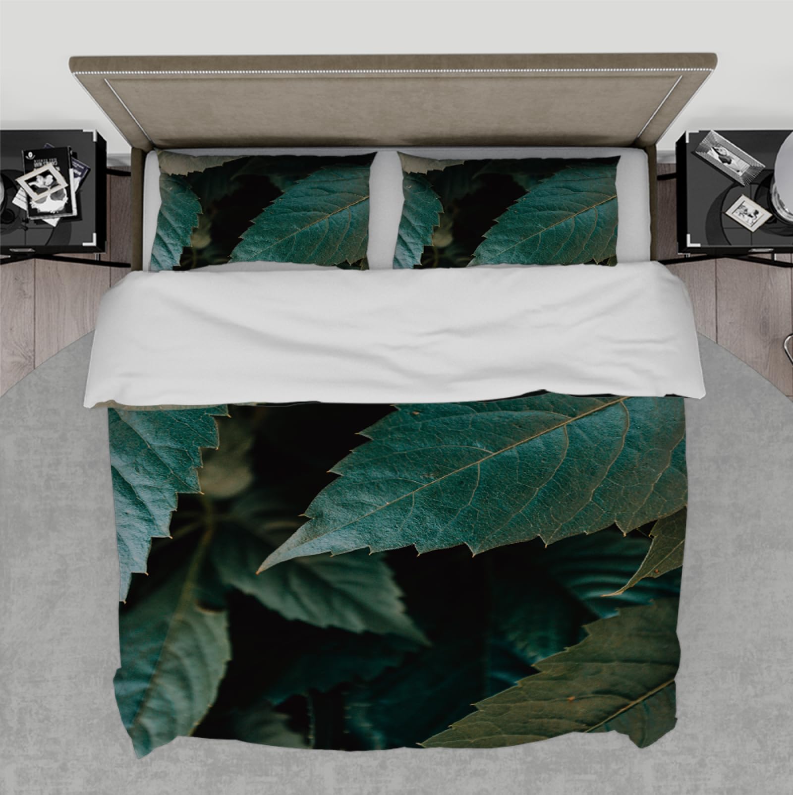Housse de couette 260x220cm motif feuille verte avec fermeture éclair et deux taies d'oreiller