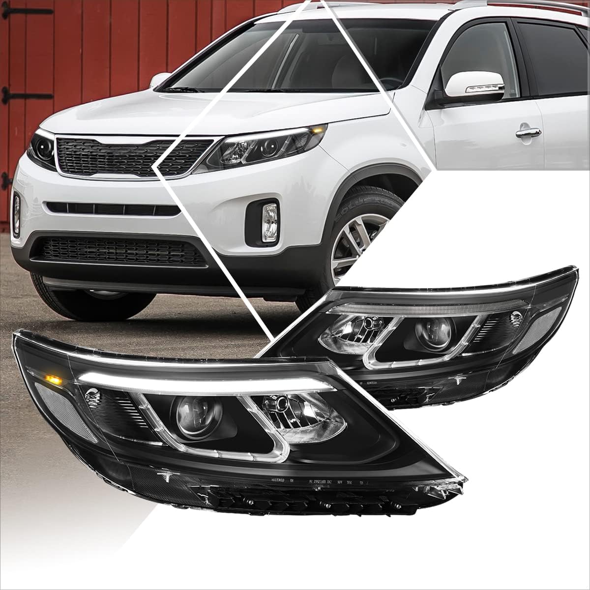 PM PERFORMOTOR 3D LED DRL Projector Headlights Assembly Compatible with 14-15 Kia Sorento EX/SX,Black Housing/Clear Corner