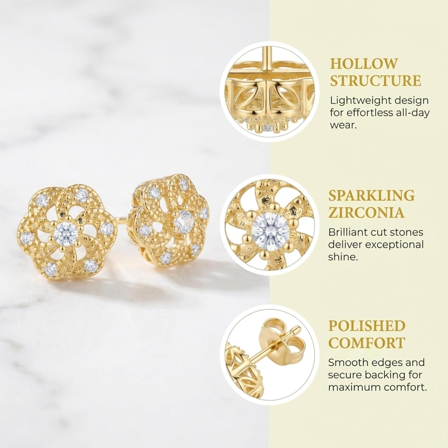 14k Gold Stud Earrings for Women, Flower Design Yellow Gold Womens Studs Earring with Cubic Zirconia CZ Push Back Finding, 8mm / 10mm