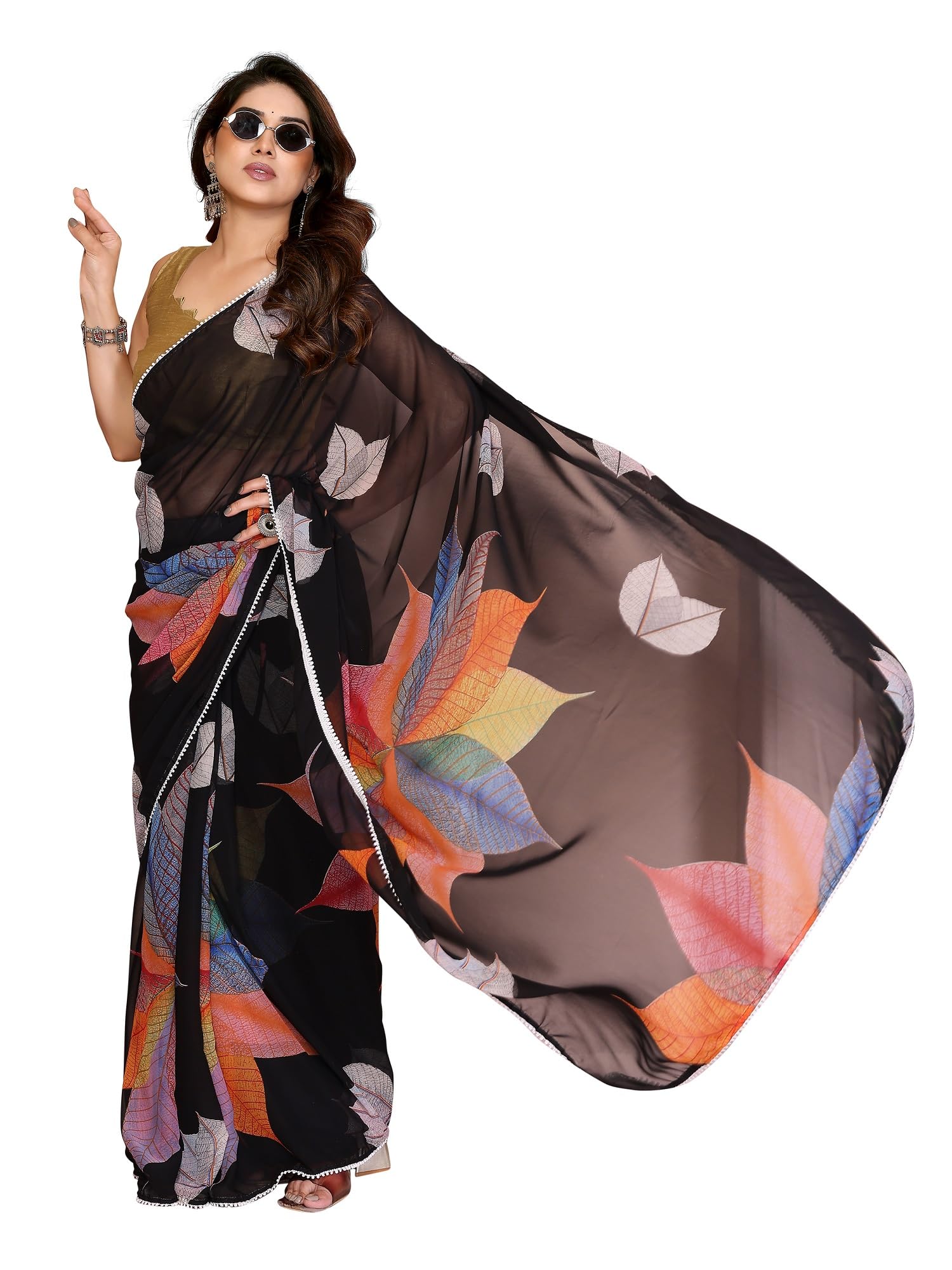 RAJESHWAR FASHION WITH RF Readymade Pleated Pre Drape Stitched Floral Printed Georgette Saree For Women's With Lace Border & Blouse(Ready To Wear One Minute)