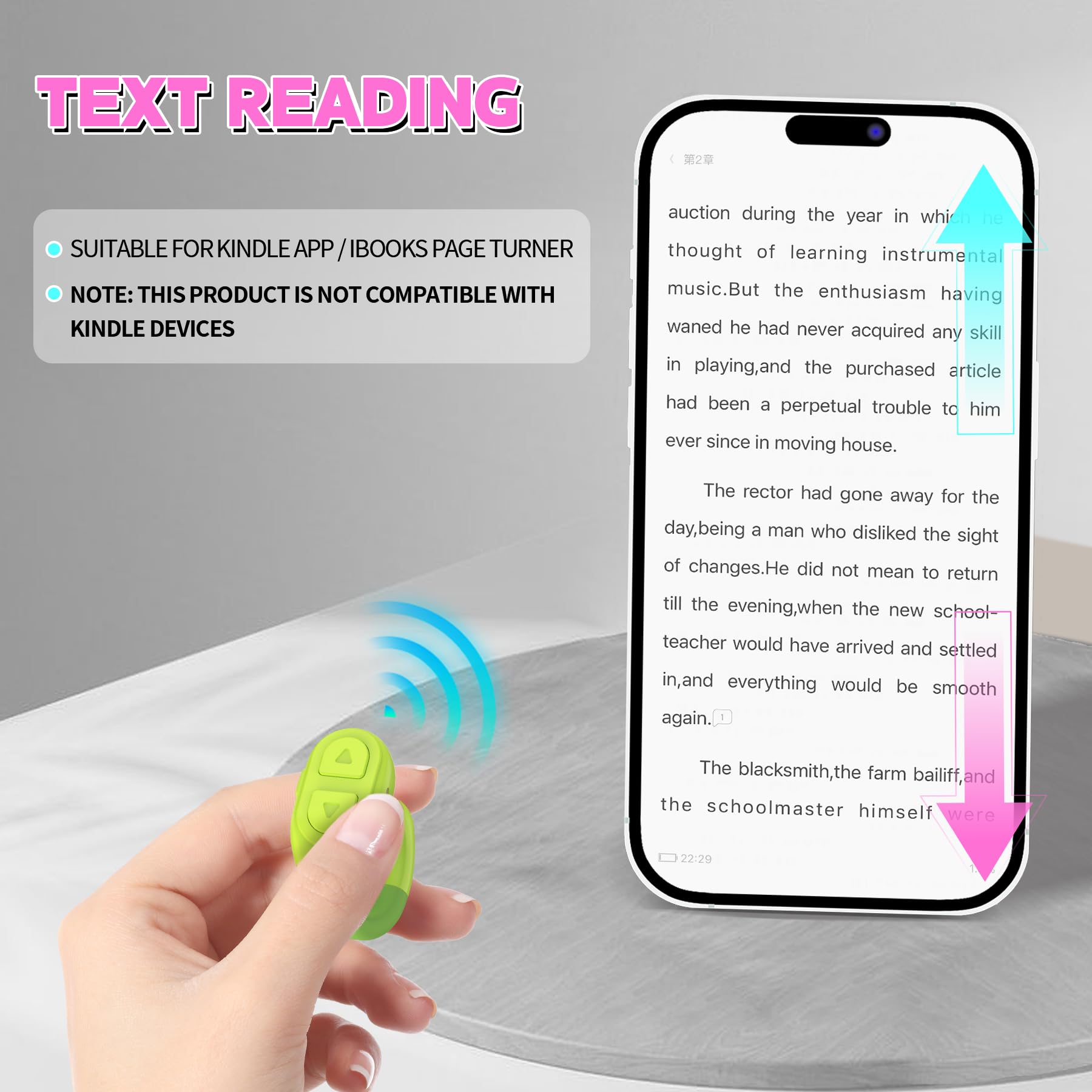 Tiktok - Anello di scorrimento con Bluetooth, per app Kindle, con supporto per cellulare, pulsante di scatto wireless per fotocamera, compatibile con iPhone, iPad, Android (verde lago)