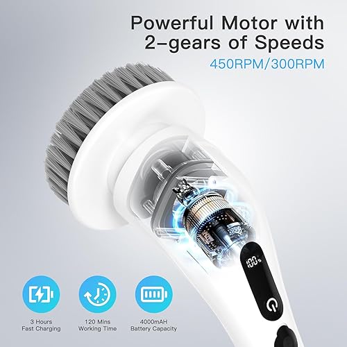 Miniatura 2 de Limpiador eléctrico giratorio, 2 velocidades, ruido ultra bajo, elástico, 9 cabezales de cepillo de limpieza, IPX8, batería grande, tiempo de