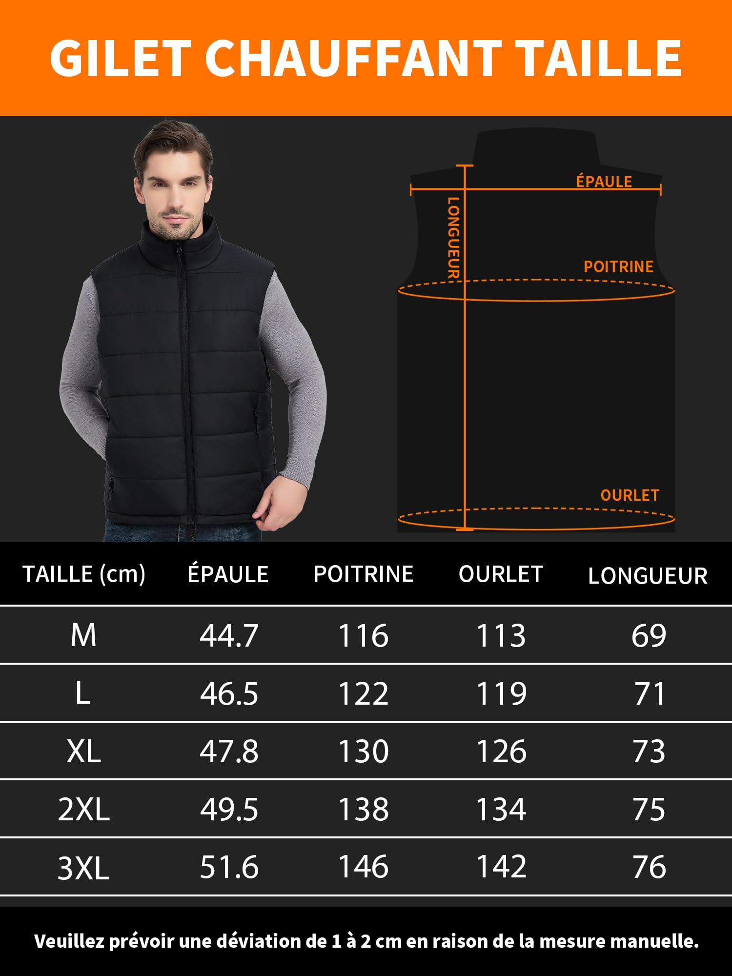 Gilet Electrique Chauffant Homme Femme avec Batterie 18400mAh, Veste Doudoune Chauffante Homme avec 10 Zones Chauffantes, Gilet Chauffé pour Moto Ski Chasse