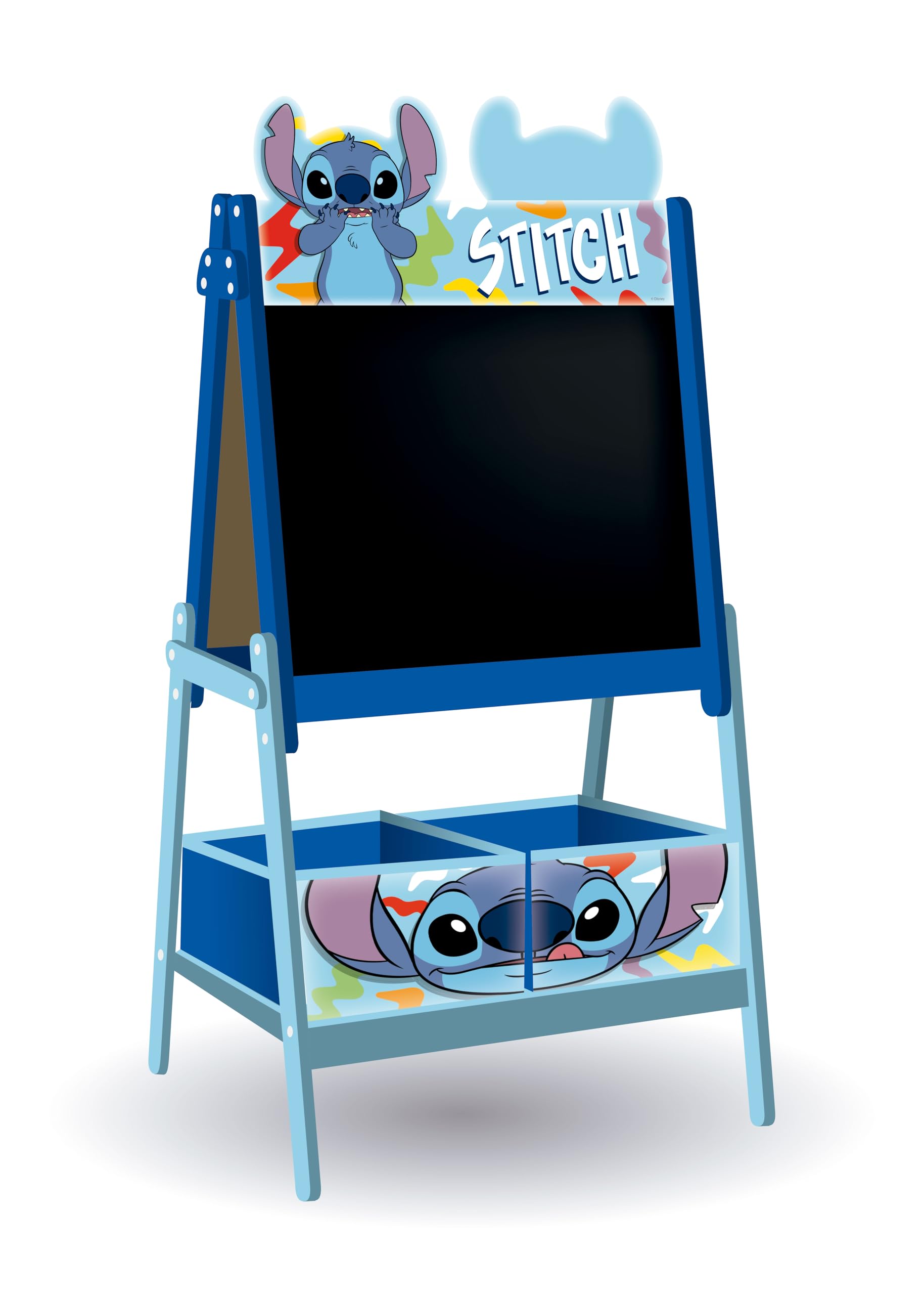 ARDITEX - Tableau pour enfants de Disney Stitch avec double surface pour craie et feutre et 2 bacs en tissu pour le rangement - 54x45x117cm - Bacs de 24x30x15cm - bleu