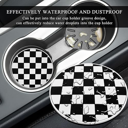 Miniatura 5 de 4 posavasos para automóvil, 2.76 pulgadas, antideslizantes, a cuadros, portavasos de vehículo, tapetes blancos y negros para consola delantera,